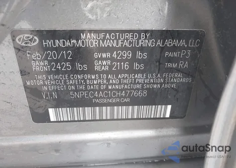 2012 Hyundai Sonata Limited from USA, damaged, VIN 5NPEC4AC1CH477668